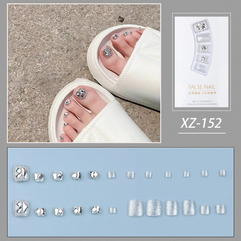 New 2022 Summer Gold Full Diamond Feet Nails Press On Fake Glitter Toe Nail Stickers Full Cover Toe Nail Tips False Foot Nails J13