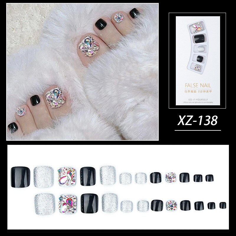 New 2022 Summer Gold Full Diamond Feet Nails Press On Fake Glitter Toe Nail Stickers Full Cover Toe Nail Tips False Foot Nails J19