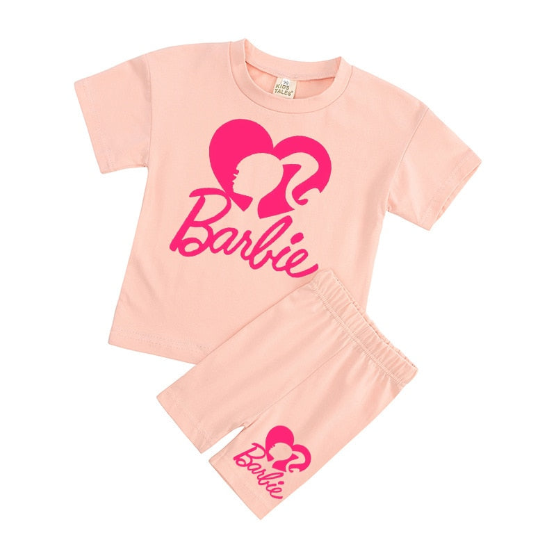 New 2Pcs Kawaii Barbie T-Shirt Shorts Suit Anime Girls Boys Baby Kid Summer Casual Loose Soft Short Sleeve Pants Sportswear Gift