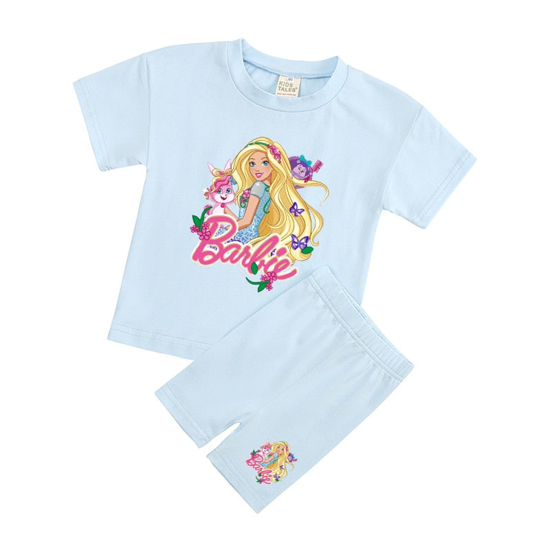New 2Pcs Kawaii Barbie T-Shirt Shorts Suit Anime Girls Boys Baby Kid Summer Casual Loose Soft Short Sleeve Pants Sportswear Gift