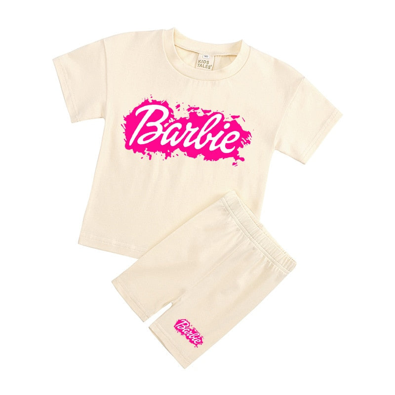 New 2Pcs Kawaii Barbie T-Shirt Shorts Suit Anime Girls Boys Baby Kid Summer Casual Loose Soft Short Sleeve Pants Sportswear Gift 4
