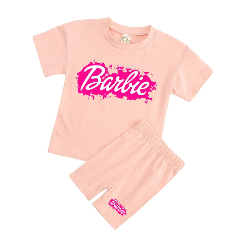 New 2Pcs Kawaii Barbie T-Shirt Shorts Suit Anime Girls Boys Baby Kid Summer Casual Loose Soft Short Sleeve Pants Sportswear Gift 6