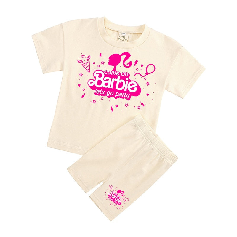 New 2Pcs Kawaii Barbie T-Shirt Shorts Suit Anime Girls Boys Baby Kid Summer Casual Loose Soft Short Sleeve Pants Sportswear Gift