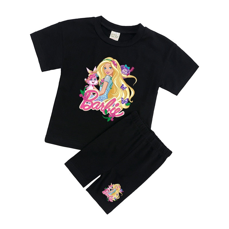 New 2Pcs Kawaii Barbie T-Shirt Shorts Suit Anime Girls Boys Baby Kid Summer Casual Loose Soft Short Sleeve Pants Sportswear Gift