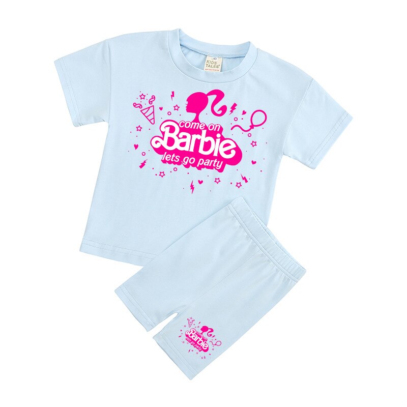 New 2Pcs Kawaii Barbie T-Shirt Shorts Suit Anime Girls Boys Baby Kid Summer Casual Loose Soft Short Sleeve Pants Sportswear Gift