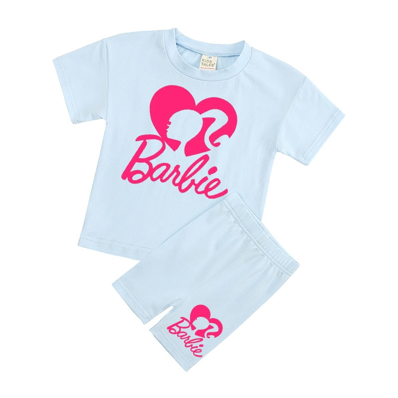 New 2Pcs Kawaii Barbie T-Shirt Shorts Suit Anime Girls Boys Baby Kid Summer Casual Loose Soft Short Sleeve Pants Sportswear Gift