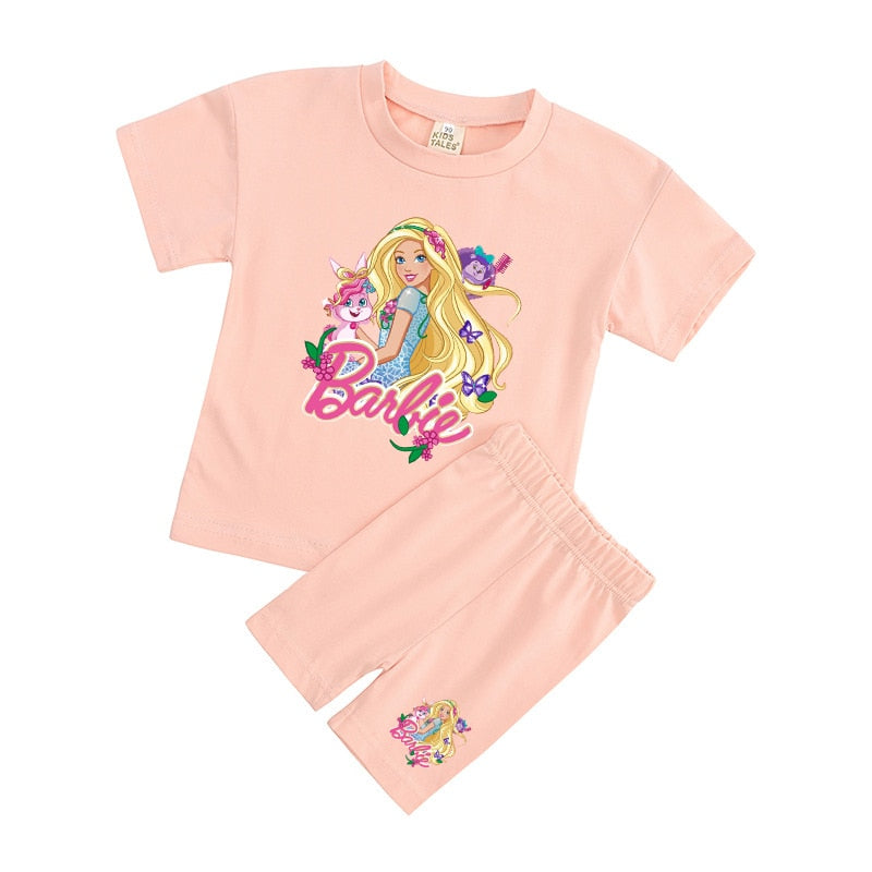 New 2Pcs Kawaii Barbie T-Shirt Shorts Suit Anime Girls Boys Baby Kid Summer Casual Loose Soft Short Sleeve Pants Sportswear Gift
