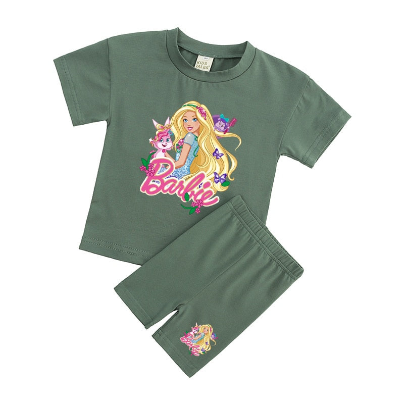 New 2Pcs Kawaii Barbie T-Shirt Shorts Suit Anime Girls Boys Baby Kid Summer Casual Loose Soft Short Sleeve Pants Sportswear Gift