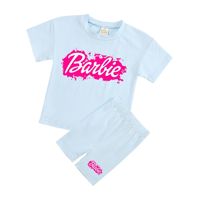 New 2Pcs Kawaii Barbie T-Shirt Shorts Suit Anime Girls Boys Baby Kid Summer Casual Loose Soft Short Sleeve Pants Sportswear Gift 5