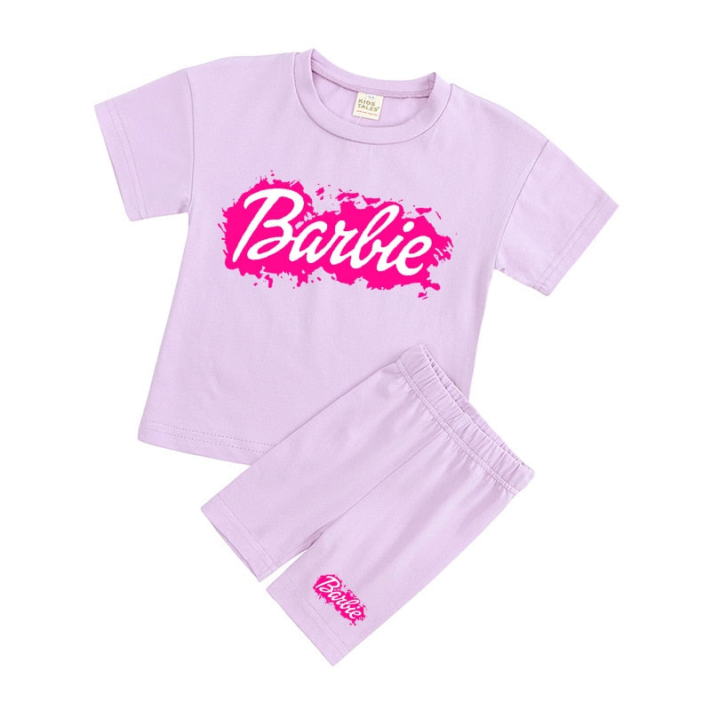 New 2Pcs Kawaii Barbie T-Shirt Shorts Suit Anime Girls Boys Baby Kid Summer Casual Loose Soft Short Sleeve Pants Sportswear Gift 7