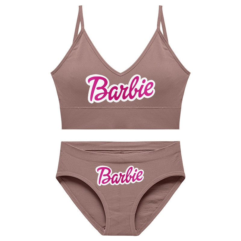 New 2Pcs/set Barbie Underwear Set for Women Anime Kawaii Girl Soft No Steel Ring Sports Bra Seamless Briefs Underpants Intimates 17