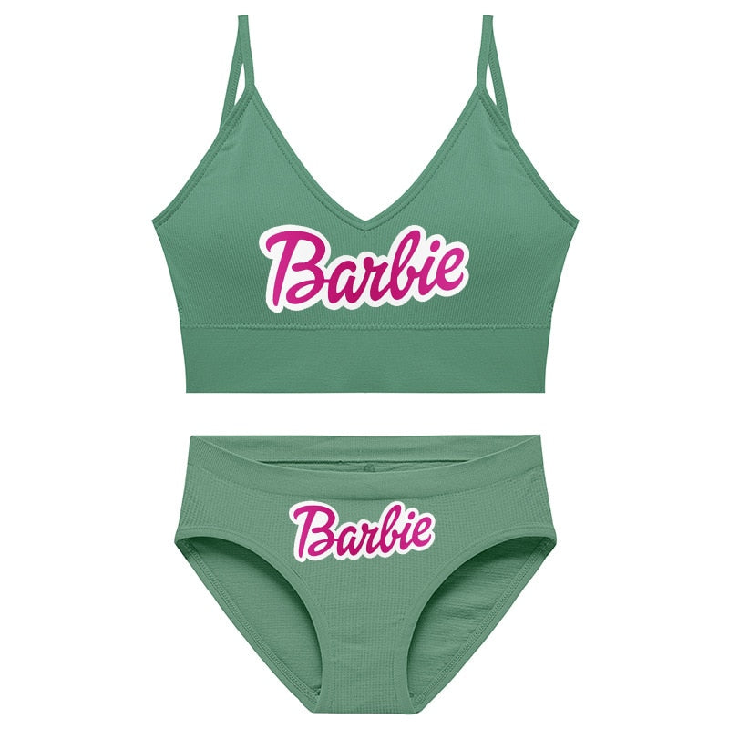 New 2Pcs/set Barbie Underwear Set for Women Anime Kawaii Girl Soft No Steel Ring Sports Bra Seamless Briefs Underpants Intimates 18