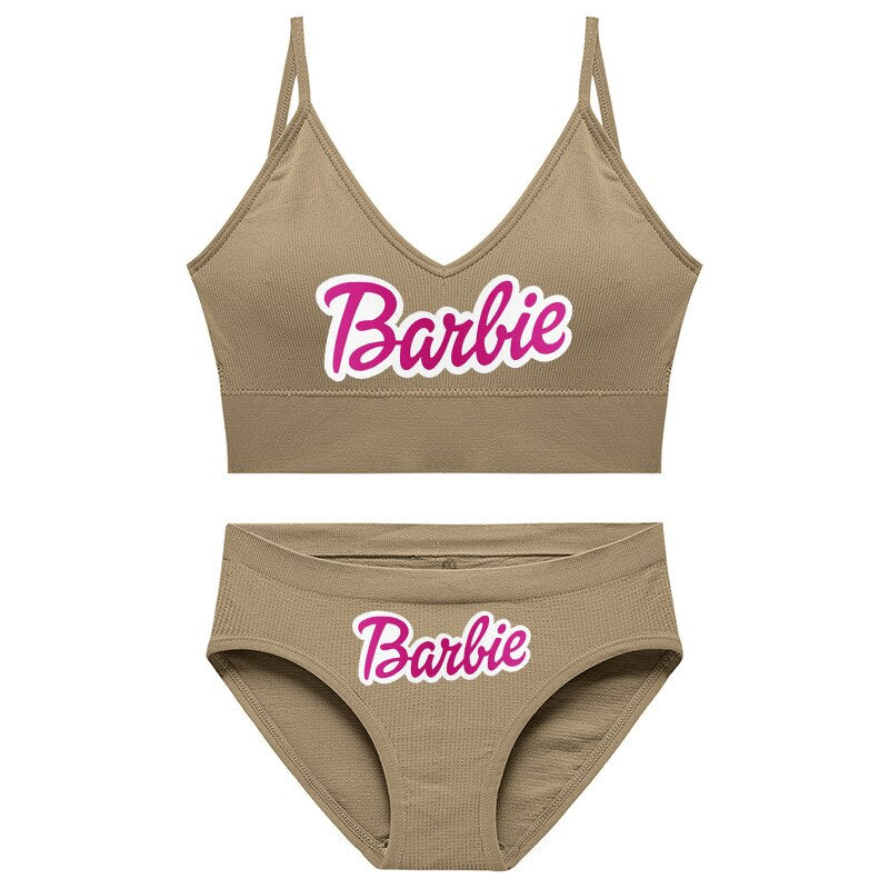 New 2Pcs/set Barbie Underwear Set for Women Anime Kawaii Girl Soft No Steel Ring Sports Bra Seamless Briefs Underpants Intimates 15