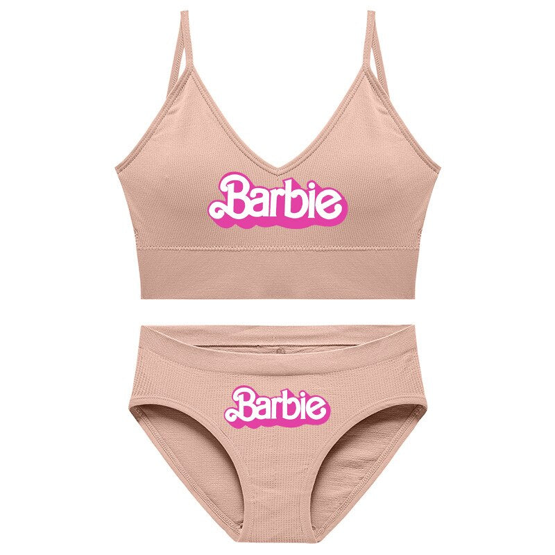 New 2Pcs/set Barbie Underwear Set for Women Anime Kawaii Girl Soft No Steel Ring Sports Bra Seamless Briefs Underpants Intimates 8