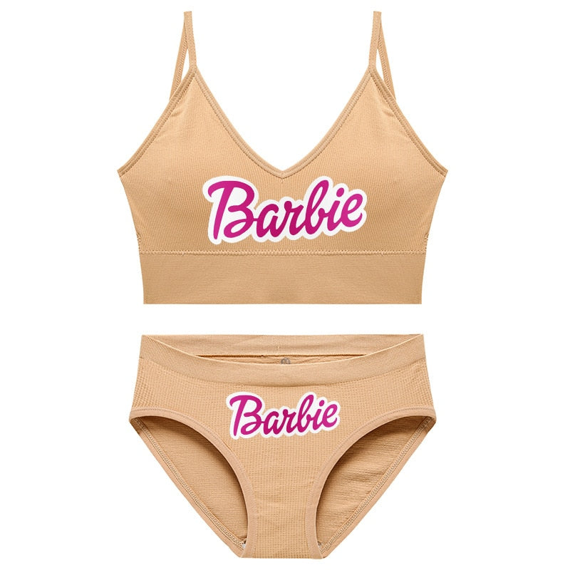 New 2Pcs/set Barbie Underwear Set for Women Anime Kawaii Girl Soft No Steel Ring Sports Bra Seamless Briefs Underpants Intimates 14