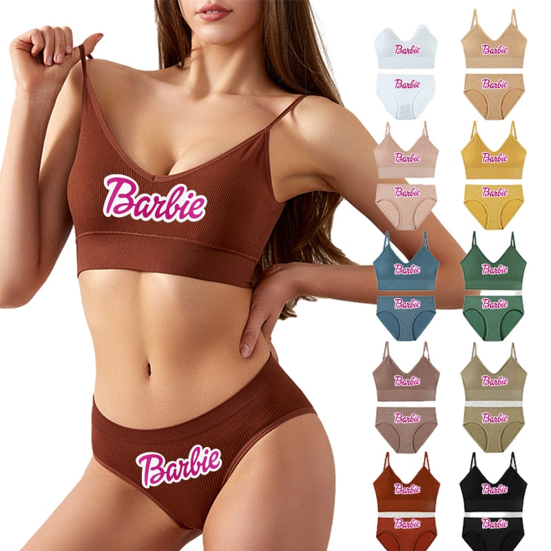 New 2Pcs/set Barbie Underwear Set for Women Anime Kawaii Girl Soft No Steel Ring Sports Bra Seamless Briefs Underpants Intimates AMAIO