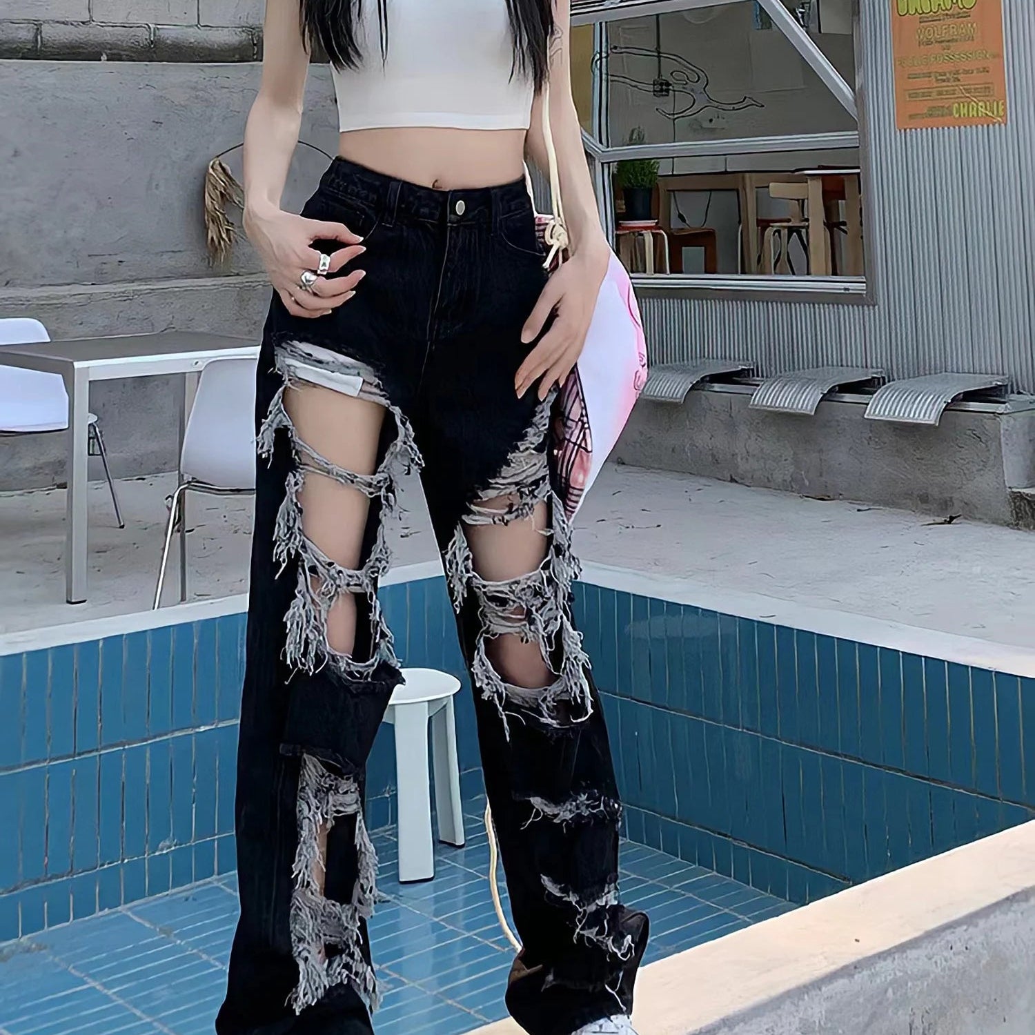 New All-Match Y2k Distressed Women Broken Hole Jeans High Street Hip Hop High Waist Straight Loose Trousers Washed Mopping Pants