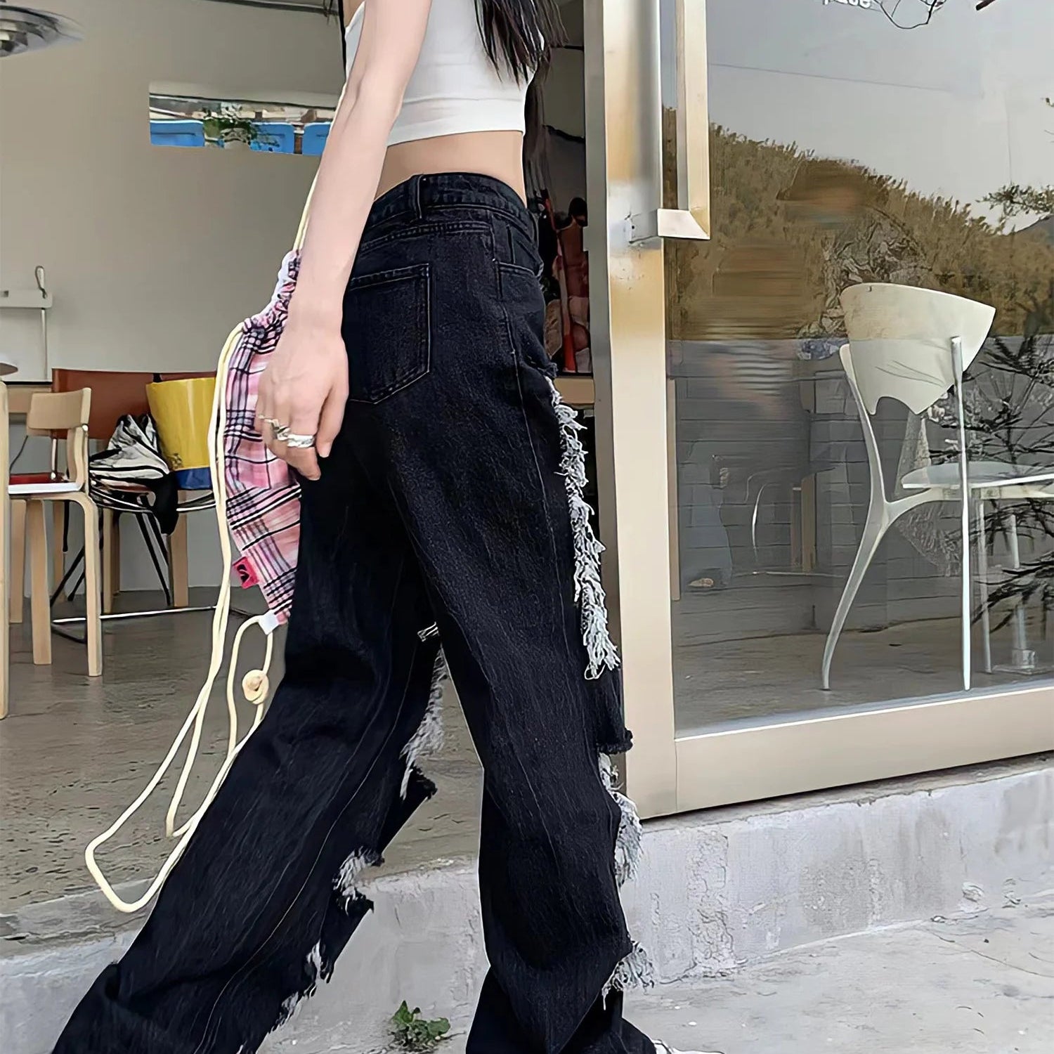 New All-Match Y2k Distressed Women Broken Hole Jeans High Street Hip Hop High Waist Straight Loose Trousers Washed Mopping Pants