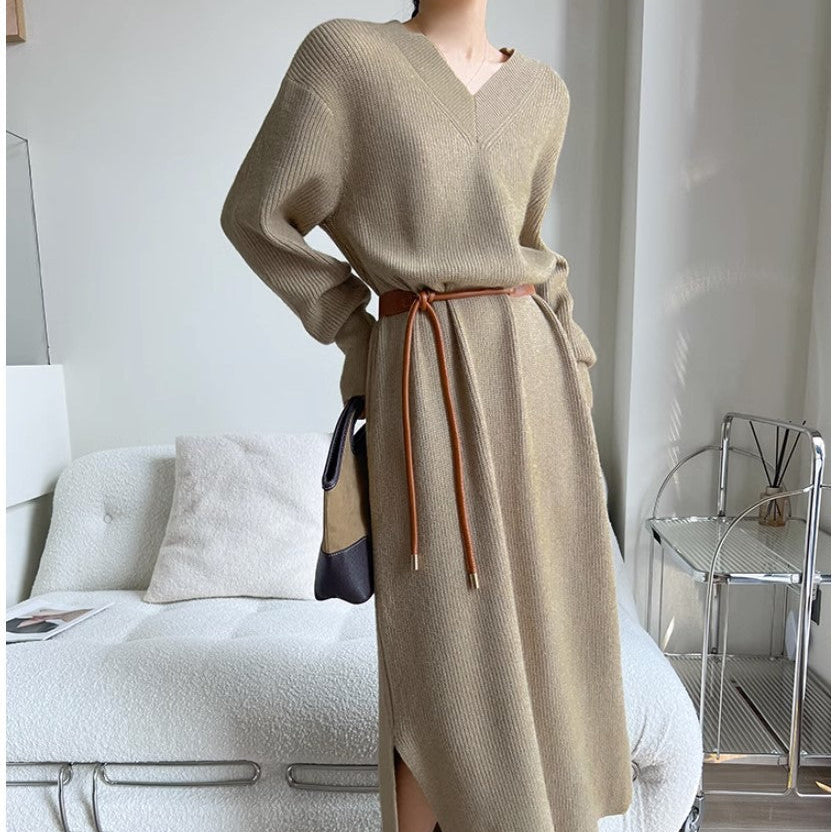 New Autumn Winter Women Knit Sweater Dress V-neck Loose Long Pullover Dress Lazy Temperament Robe Women One Piece Skirt Clothes Khaki