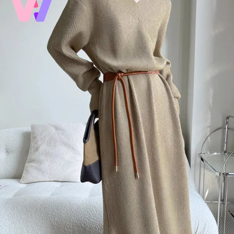 New Autumn Winter Women Knit Sweater Dress V-neck Loose Long Pullover Dress Lazy Temperament Robe Women One Piece Skirt Clothes AMAIO