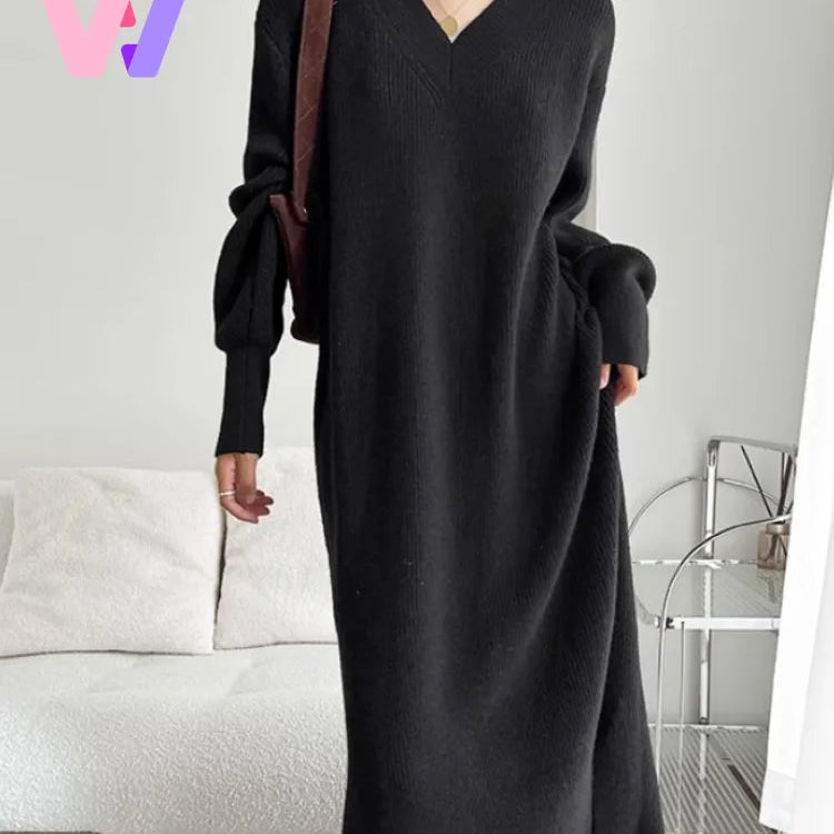 New Autumn Winter Women Knit Sweater Dress V-neck Loose Long Pullover Dress Lazy Temperament Robe Women One Piece Skirt Clothes
