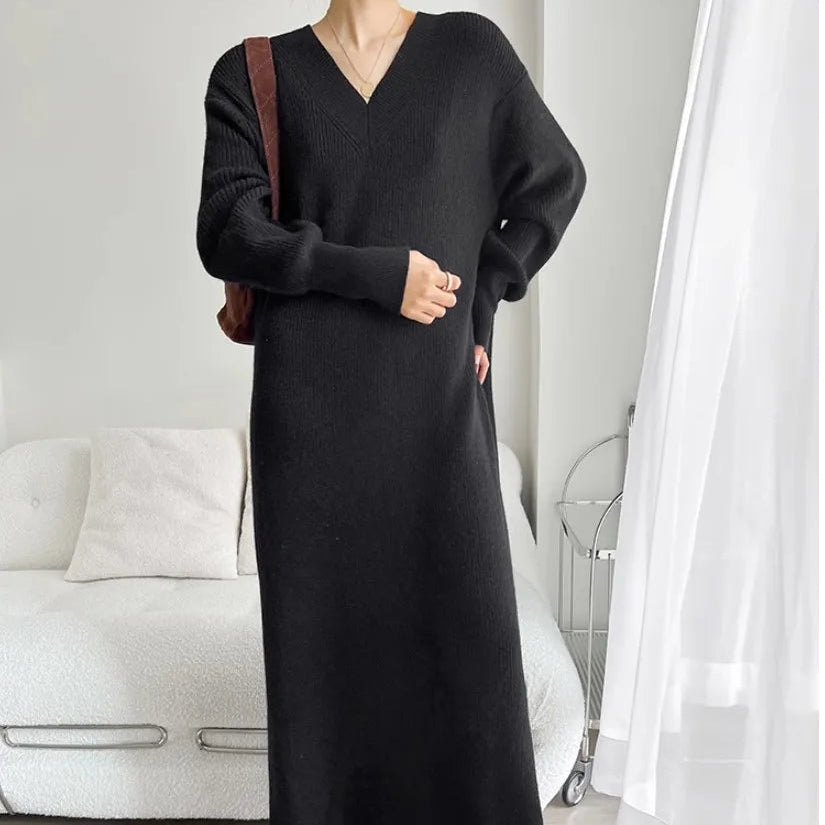 New Autumn Winter Women Knit Sweater Dress V-neck Loose Long Pullover Dress Lazy Temperament Robe Women One Piece Skirt Clothes Black