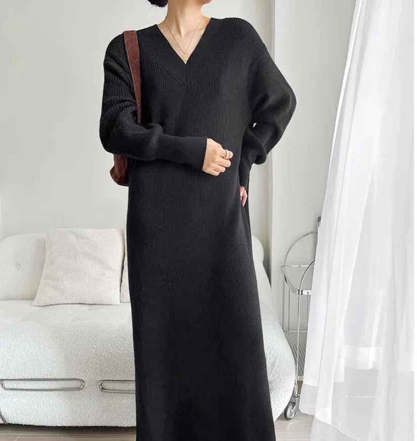 New Autumn Winter Women Knit Sweater Dress V-neck Loose Long Pullover Dress Lazy Temperament Robe Women One Piece Skirt Clothes Black