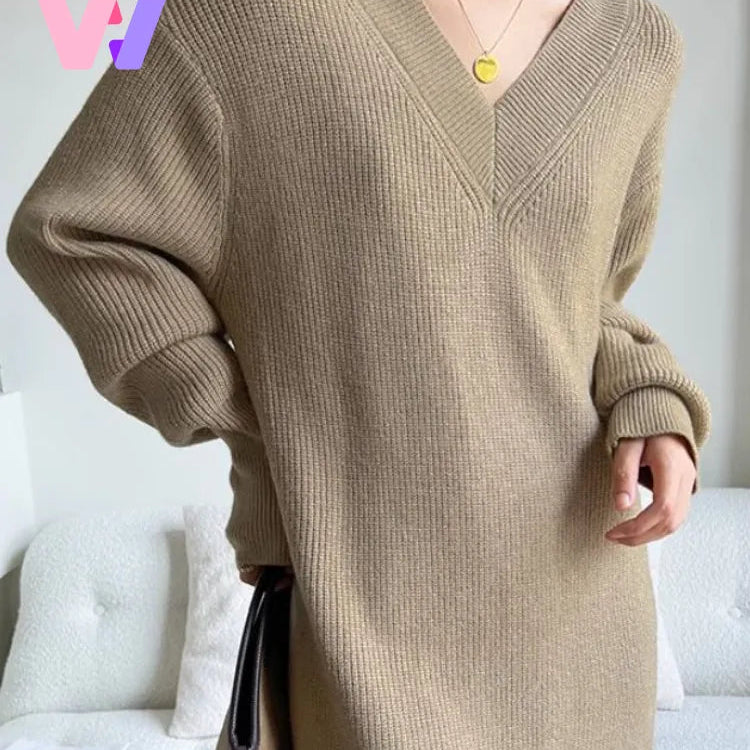 New Autumn Winter Women Knit Sweater Dress V-neck Loose Long Pullover Dress Lazy Temperament Robe Women One Piece Skirt Clothes