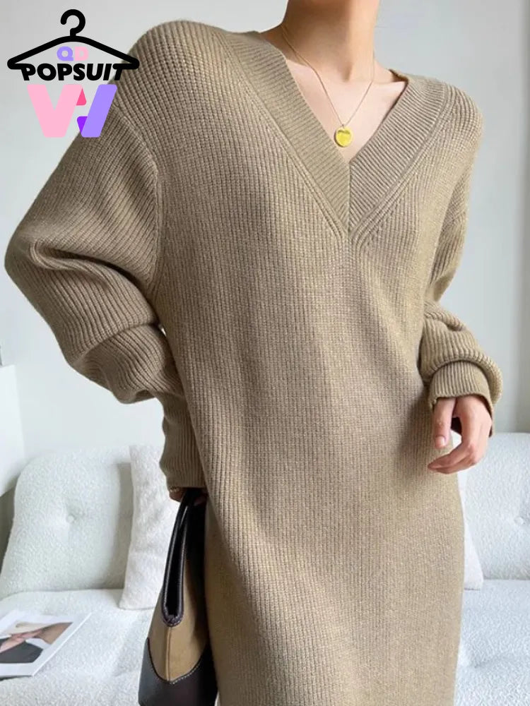 New Autumn Winter Women Knit Sweater Dress V-neck Loose Long Pullover Dress Lazy Temperament Robe Women One Piece Skirt Clothes