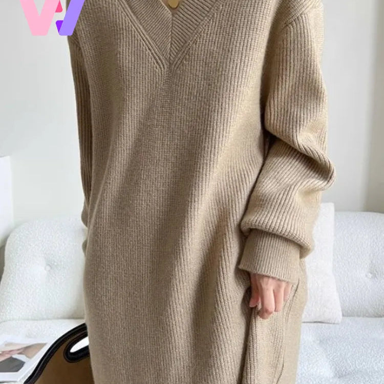 New Autumn Winter Women Knit Sweater Dress V-neck Loose Long Pullover Dress Lazy Temperament Robe Women One Piece Skirt Clothes