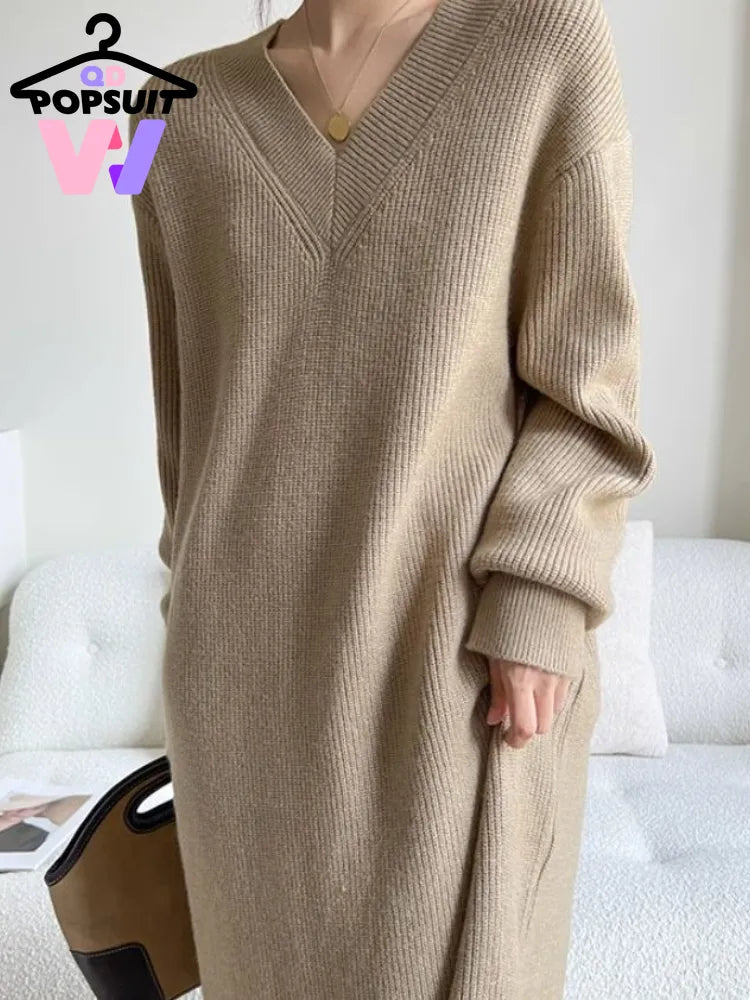New Autumn Winter Women Knit Sweater Dress V-neck Loose Long Pullover Dress Lazy Temperament Robe Women One Piece Skirt Clothes