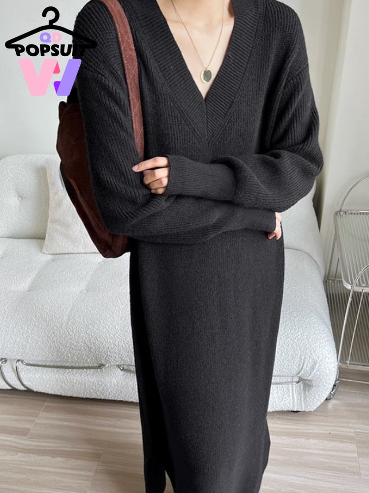 New Autumn Winter Women Knit Sweater Dress V-neck Loose Long Pullover Dress Lazy Temperament Robe Women One Piece Skirt Clothes