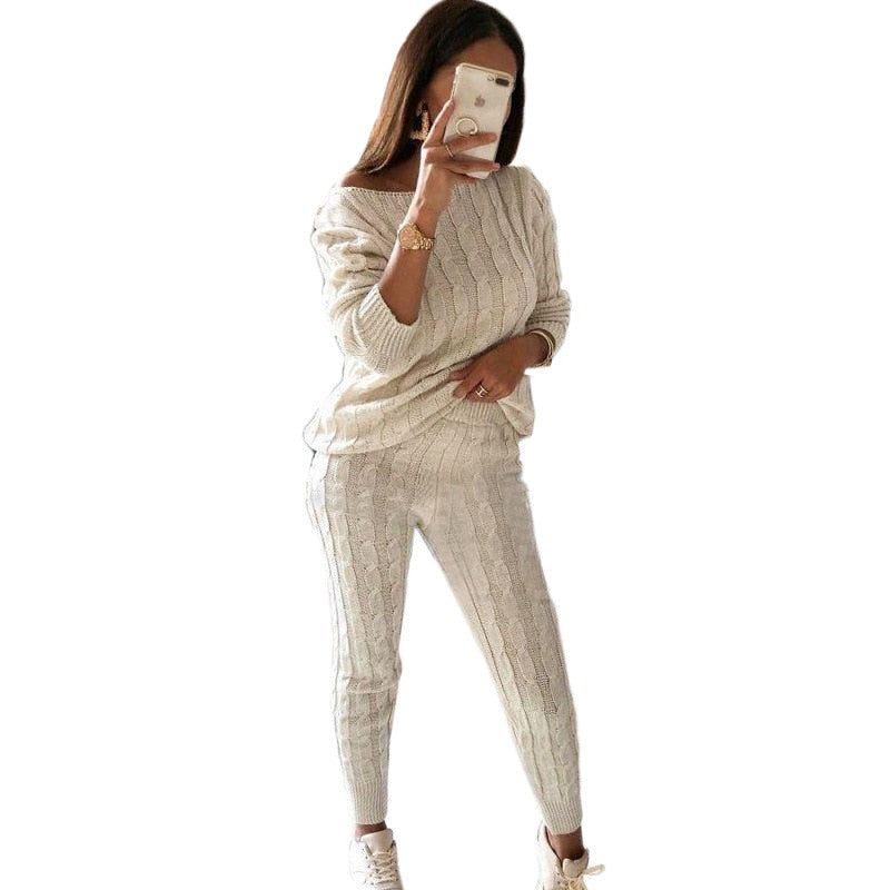New Autumn Winter Women Knitted Tracksuit Two Piece Set Female Sweater Tops + Elastic Waist Pant Knitted Suit Women Outfits Beige TZ135