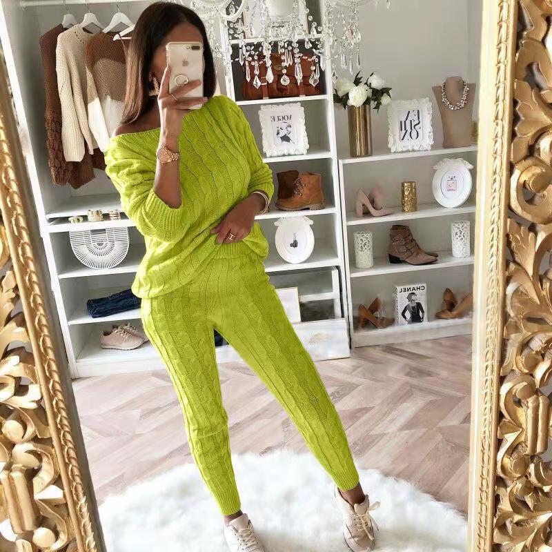 New Autumn Winter Women Knitted Tracksuit Two Piece Set Female Sweater Tops + Elastic Waist Pant Knitted Suit Women Outfits