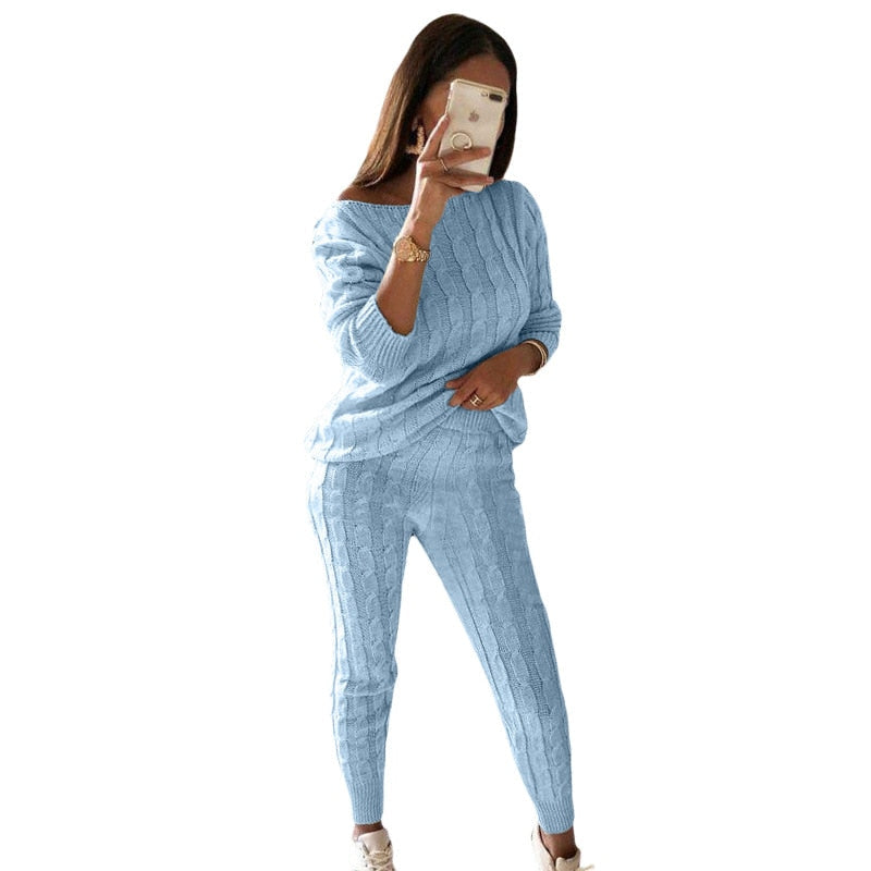 New Autumn Winter Women Knitted Tracksuit Two Piece Set Female Sweater Tops + Elastic Waist Pant Knitted Suit Women Outfits Light Blue TZ135