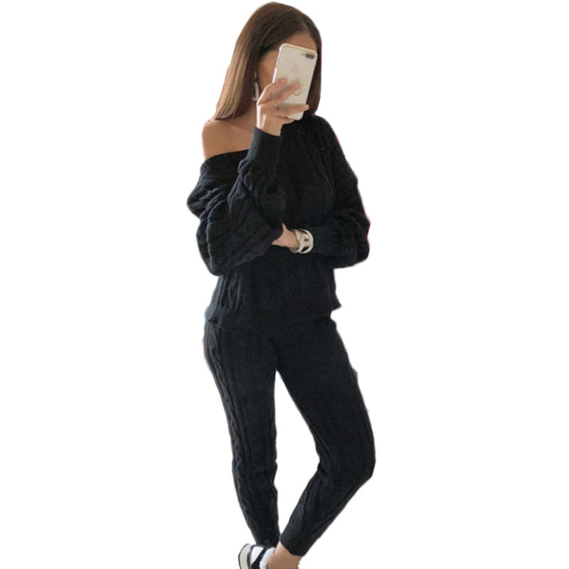 New Autumn Winter Women Knitted Tracksuit Two Piece Set Female Sweater Tops + Elastic Waist Pant Knitted Suit Women Outfits Black TZ135