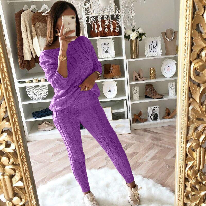New Autumn Winter Women Knitted Tracksuit Two Piece Set Female Sweater Tops + Elastic Waist Pant Knitted Suit Women Outfits