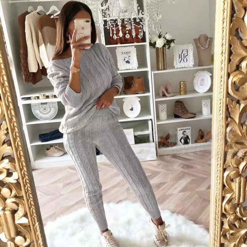 New Autumn Winter Women Knitted Tracksuit Two Piece Set Female Sweater Tops + Elastic Waist Pant Knitted Suit Women Outfits Light Gray TZ135
