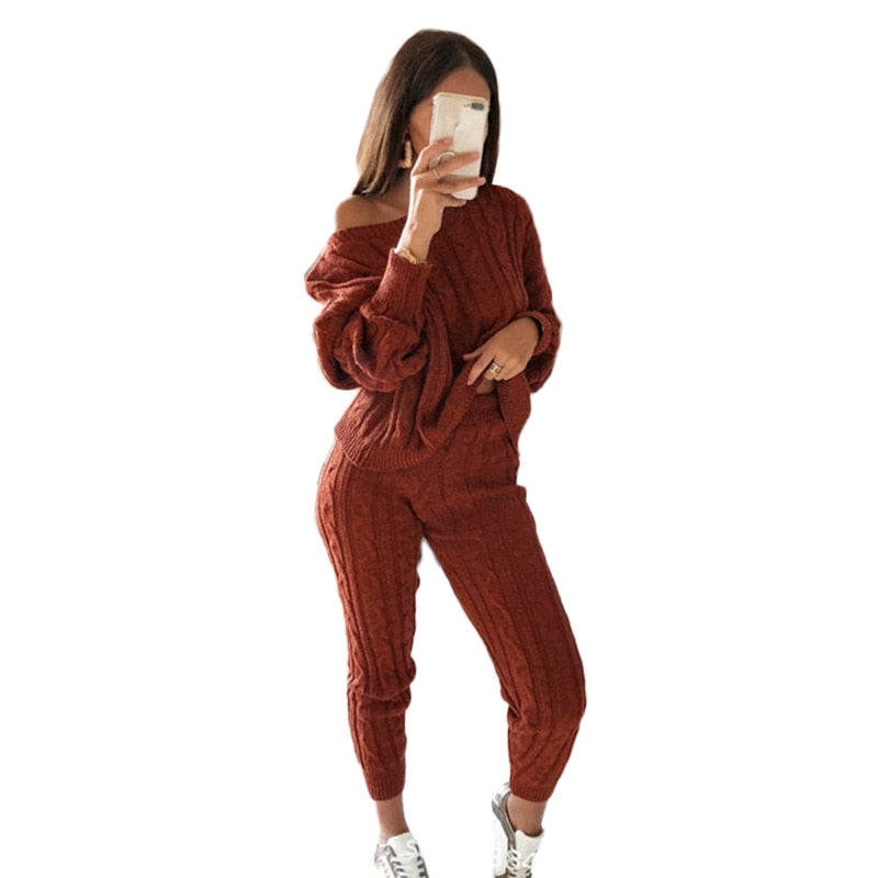 New Autumn Winter Women Knitted Tracksuit Two Piece Set Female Sweater Tops + Elastic Waist Pant Knitted Suit Women Outfits Wine Red TZ135