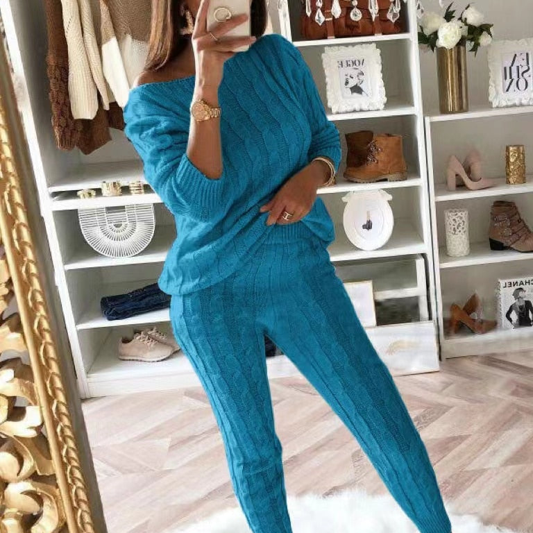 New Autumn Winter Women Knitted Tracksuit Two Piece Set Female Sweater Tops + Elastic Waist Pant Knitted Suit Women Outfits AMAIO