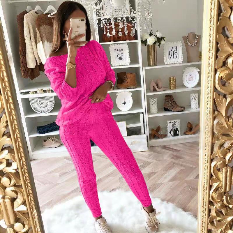 New Autumn Winter Women Knitted Tracksuit Two Piece Set Female Sweater Tops + Elastic Waist Pant Knitted Suit Women Outfits