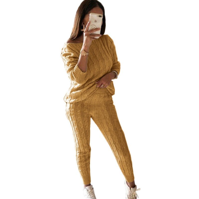 New Autumn Winter Women Knitted Tracksuit Two Piece Set Female Sweater Tops + Elastic Waist Pant Knitted Suit Women Outfits Dark Yellow TZ135