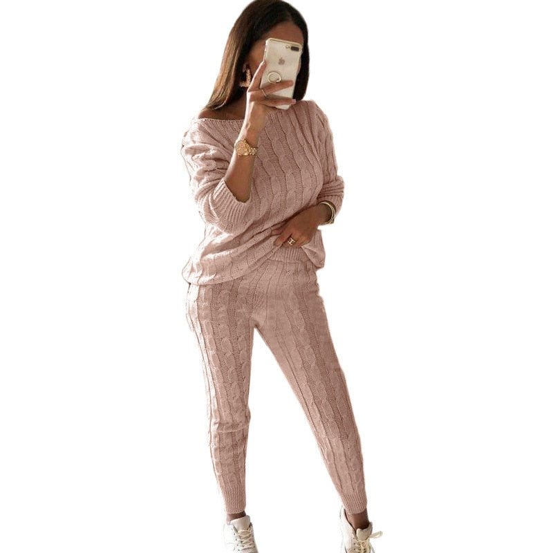 New Autumn Winter Women Knitted Tracksuit Two Piece Set Female Sweater Tops + Elastic Waist Pant Knitted Suit Women Outfits Pink TZ135
