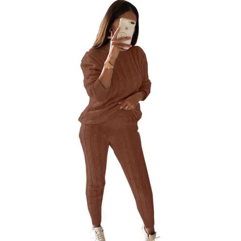 New Autumn Winter Women Knitted Tracksuit Two Piece Set Female Sweater Tops + Elastic Waist Pant Knitted Suit Women Outfits Khaki TZ135