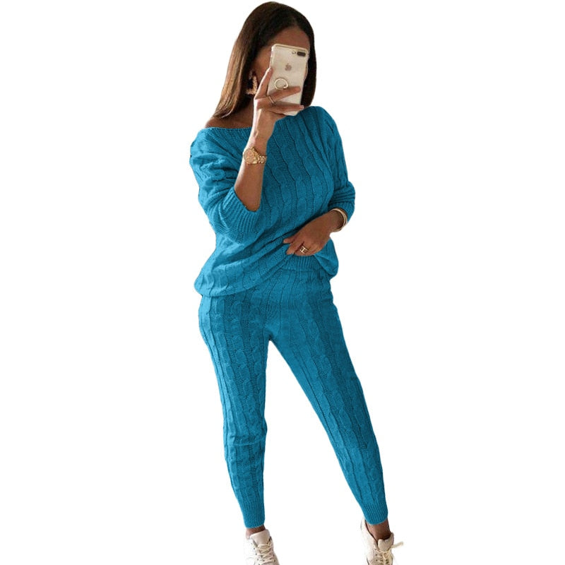New Autumn Winter Women Knitted Tracksuit Two Piece Set Female Sweater Tops + Elastic Waist Pant Knitted Suit Women Outfits Blue1 TZ135