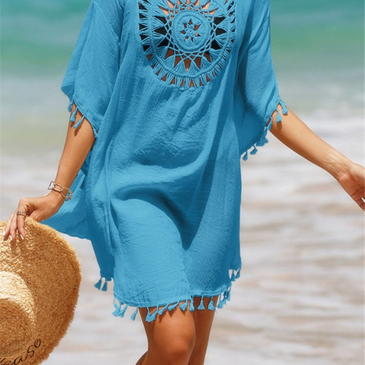 New Beach Cover Up - Knitted Sunflower Beach Wear Solid Fringe Tunic Ladies White Bathing Suit Cover-ups Bikini Ups Blue One Size