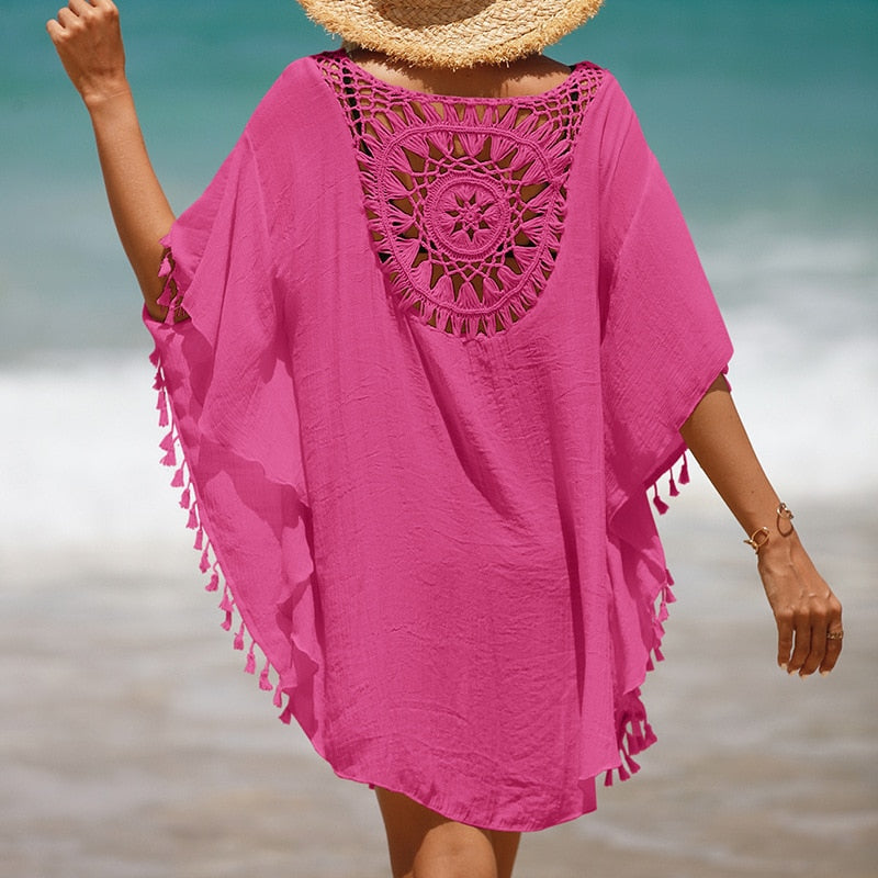 New Beach Cover Up - Knitted Sunflower Beach Wear Solid Fringe Tunic Ladies White Bathing Suit Cover-ups Bikini Ups Rose Red One Size