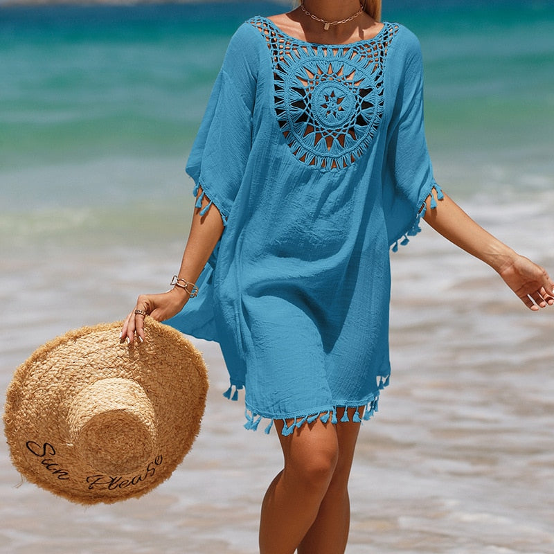 New Beach Cover Up - Knitted Sunflower Beach Wear Solid Fringe Tunic Ladies White Bathing Suit Cover-ups Bikini Ups