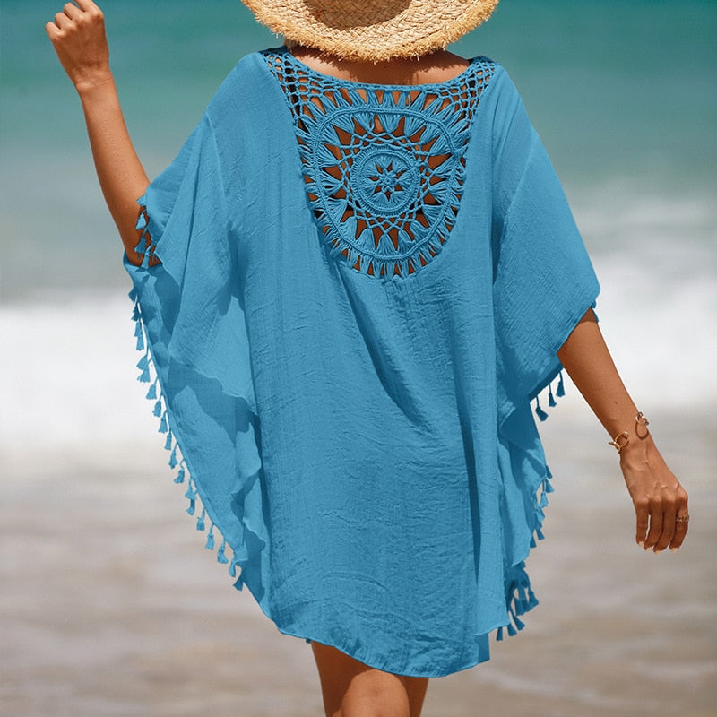 New Beach Cover Up - Knitted Sunflower Beach Wear Solid Fringe Tunic Ladies White Bathing Suit Cover-ups Bikini Ups AMAIO