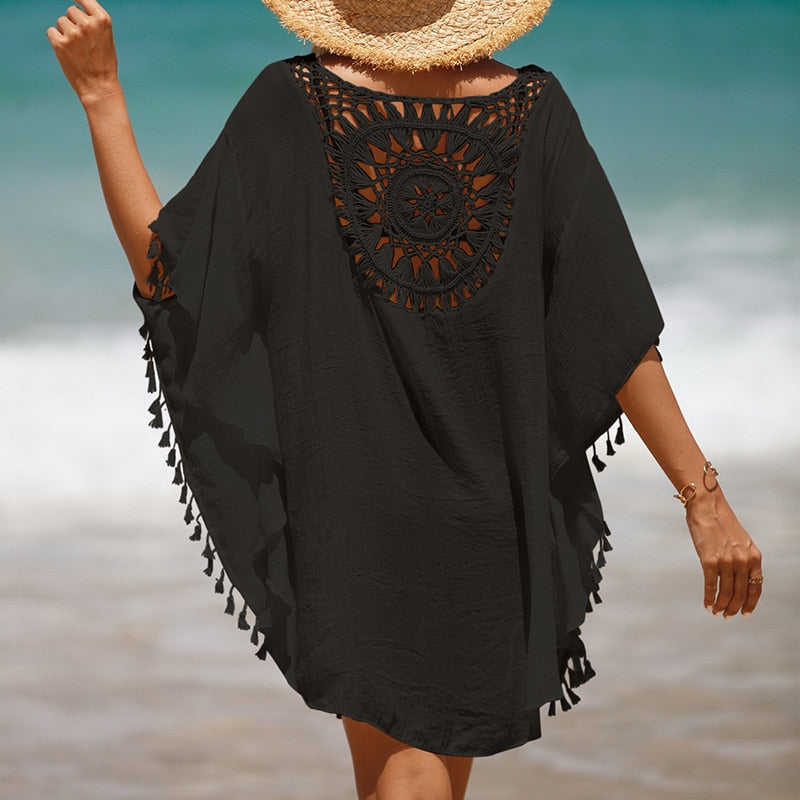 New Beach Cover Up - Knitted Sunflower Beach Wear Solid Fringe Tunic Ladies White Bathing Suit Cover-ups Bikini Ups Black One Size